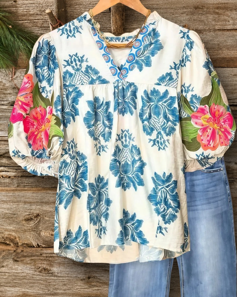 Floral Print Embroidered Detail Classic Puff Sleeve T-Shirt