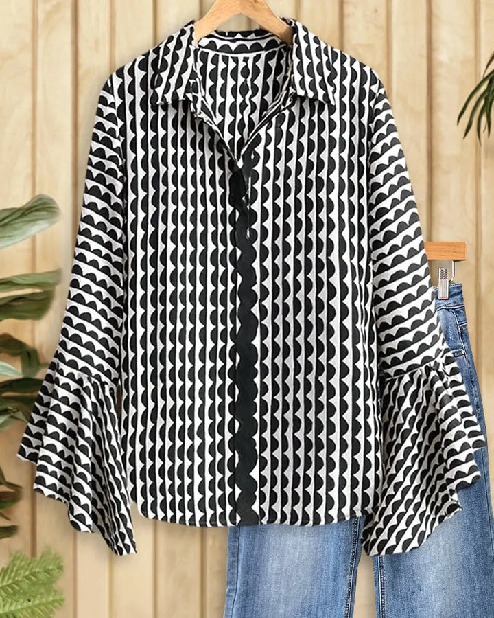 Geometric Print Dramatic Bell Sleeve Button Down Blouse