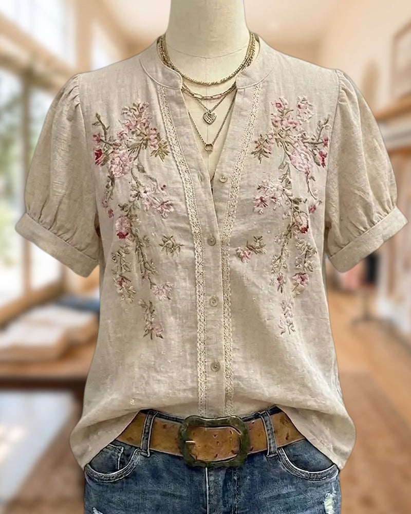 Floral Embroidered Lace Trim Puff Sleeve Button Front Blouse