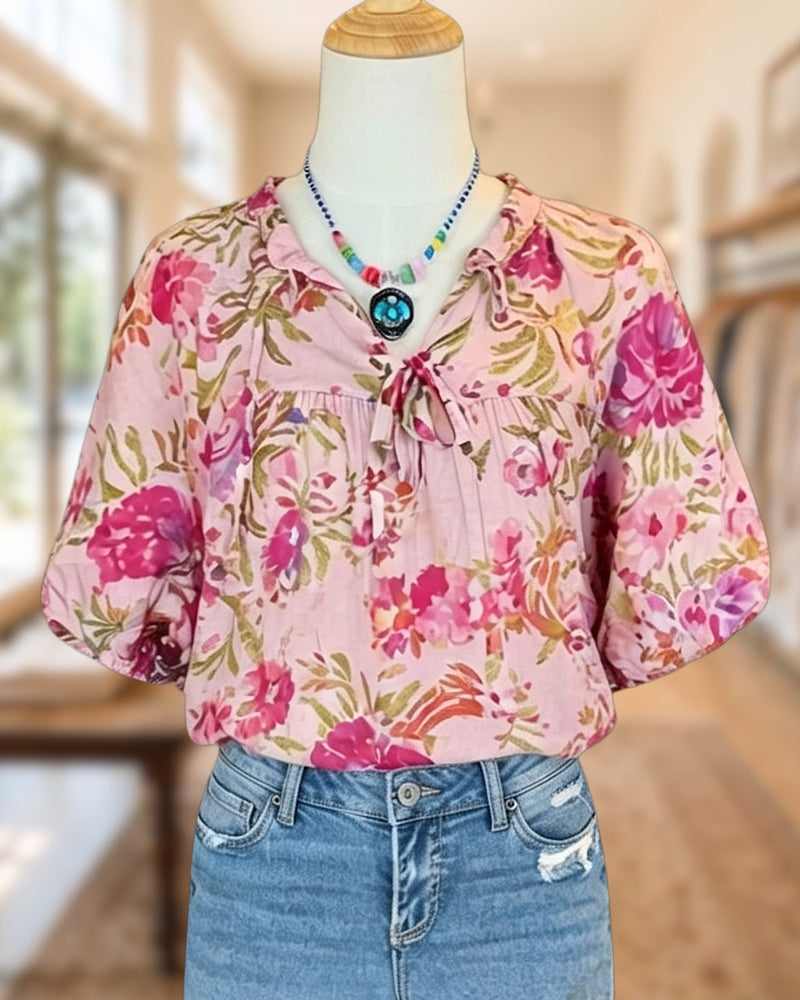 Floral Print Tie Neck Puff Sleeve Ruffled Relaxed Blouse
