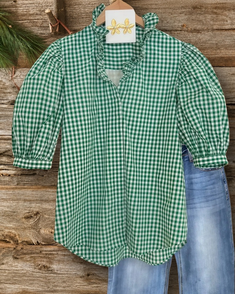 Gingham Puff Sleeve V Neck Commuting Blouse
