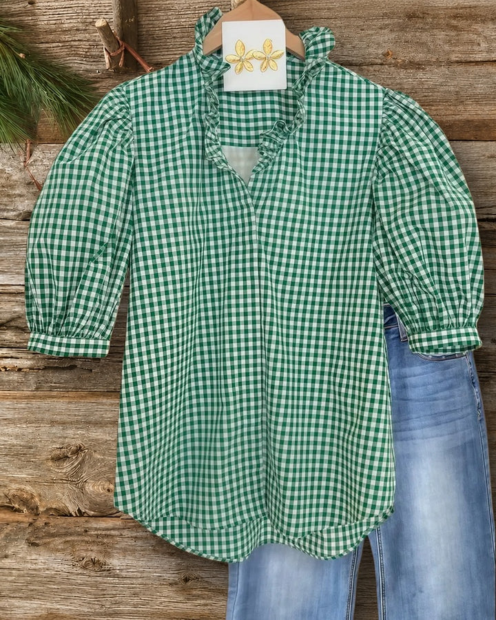Gingham Puff Sleeve V Neck Commuting Blouse