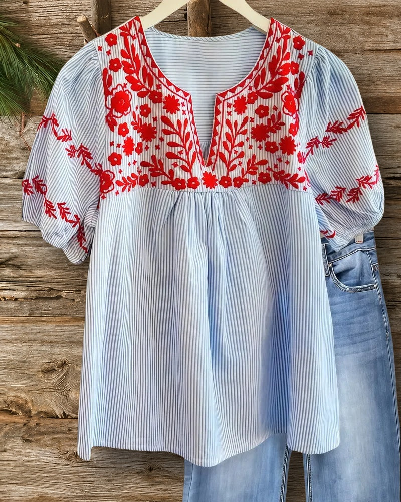 Striped & Floral Embroidery Pretty V Neck T-Shirt