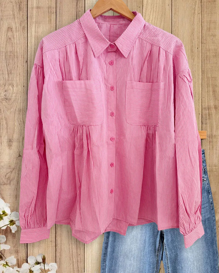 Long Sleeve Collared Striped Button Up Shirt With Patch Pockets