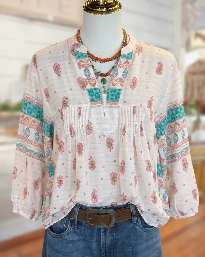 Boho Print Pintuck V-Neck 3/4 Sleeve Casual Loose Blouse
