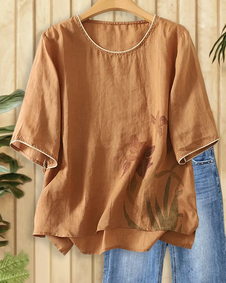 Floral Print Round Neck Loose Short Sleeve Blouse