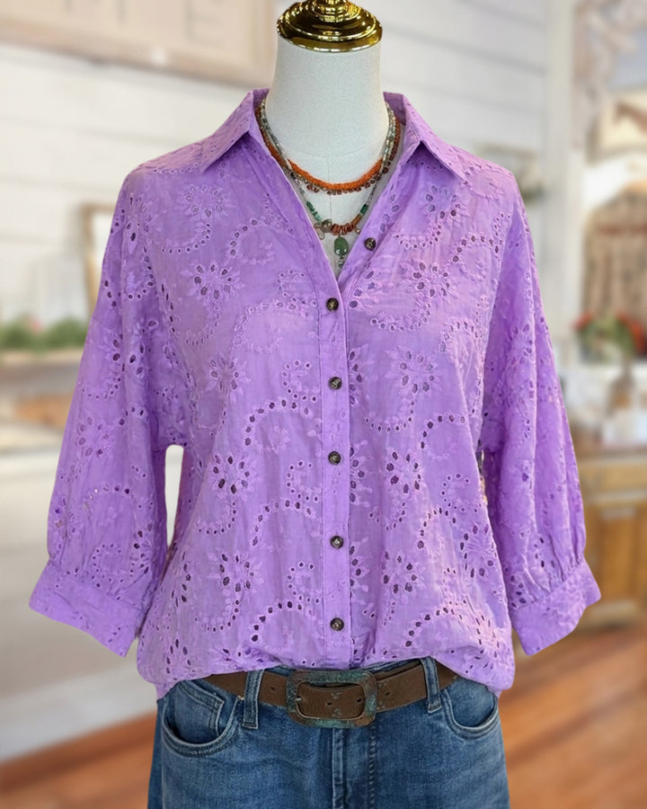 Collared Button Front Eyelet Embroidered 3/4 Sleeve Blouse