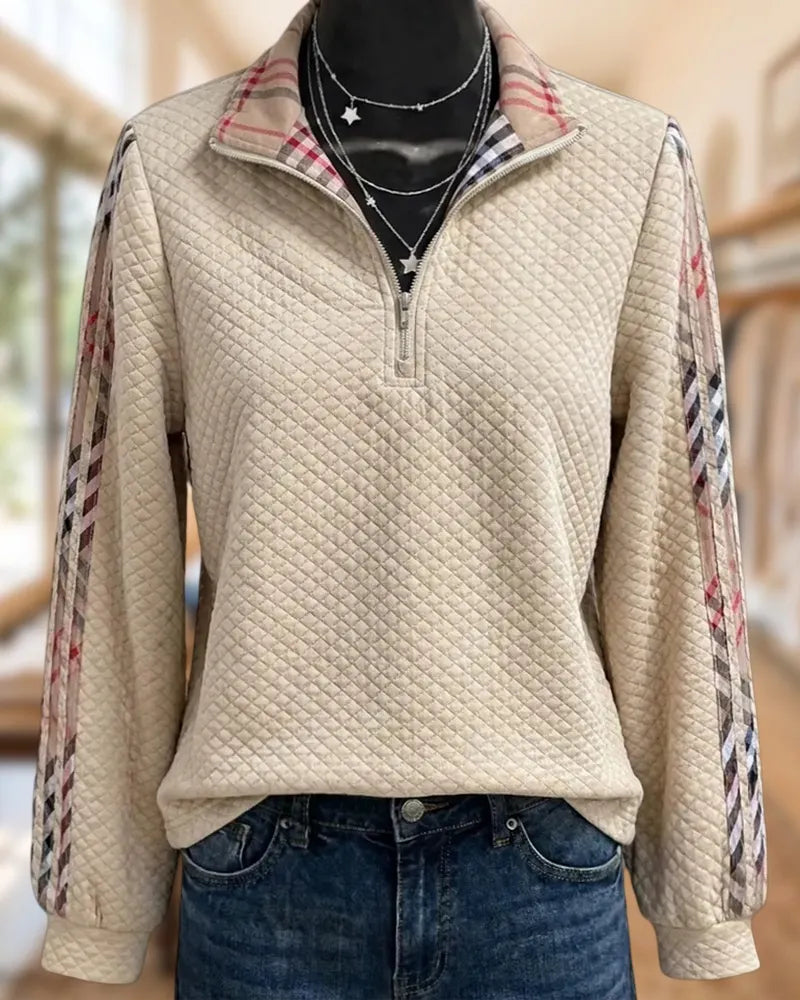 Quilted Half Zip Plaid Trim Long Sleeve Cozy Blouse