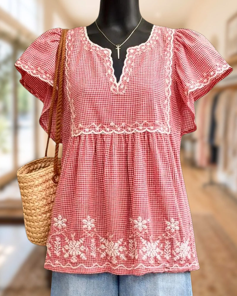 Gingham Embroidery Trim V Neck Flutter Sleeve Blouse