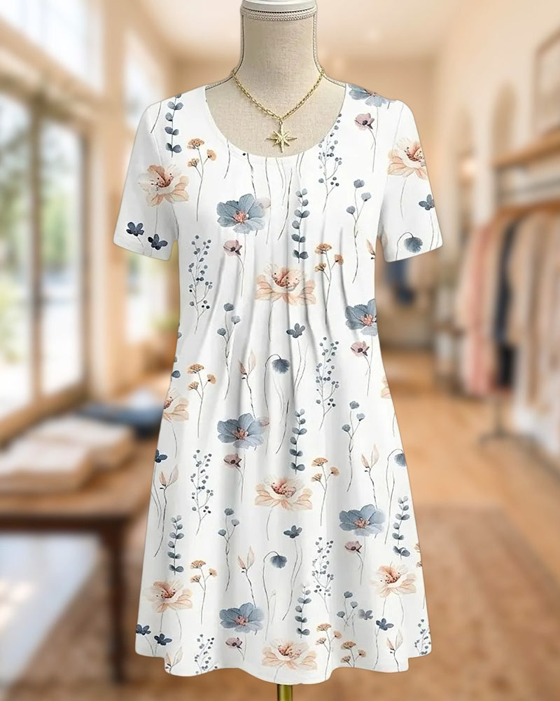 Floral Print Short Sleeve Scoop Neck Casual Midi Dress