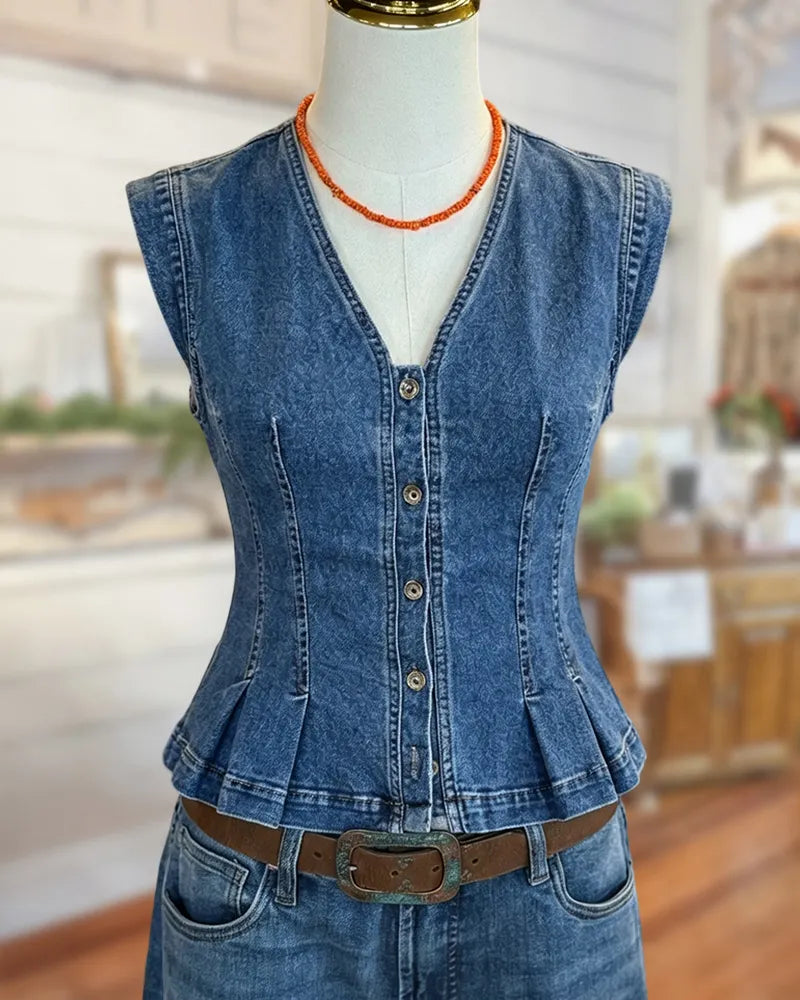 Sleeveless V Neck Button Front Peplum Denim Vest Top