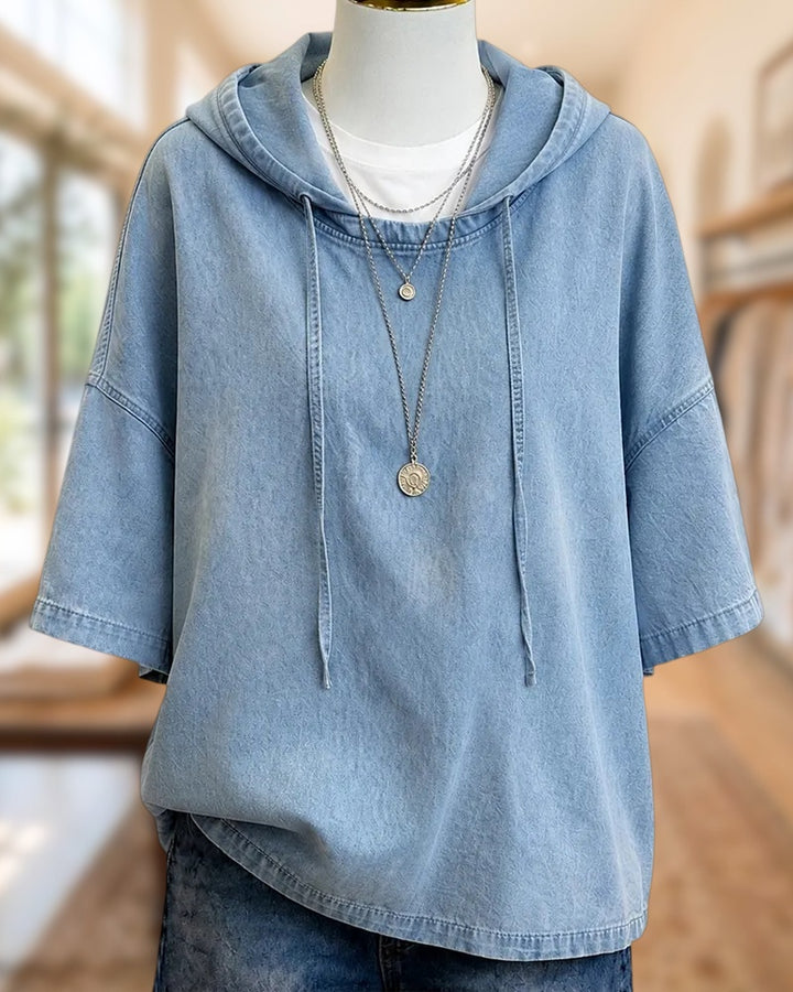 Oversized Hooded Denim Half Sleeve Drop Shoulder Casual Top