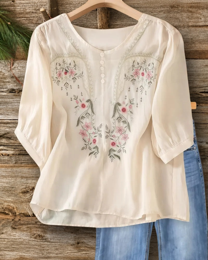 Floral Embroidery U Neck Half Button 3/4 Sleeve Loose Blouse