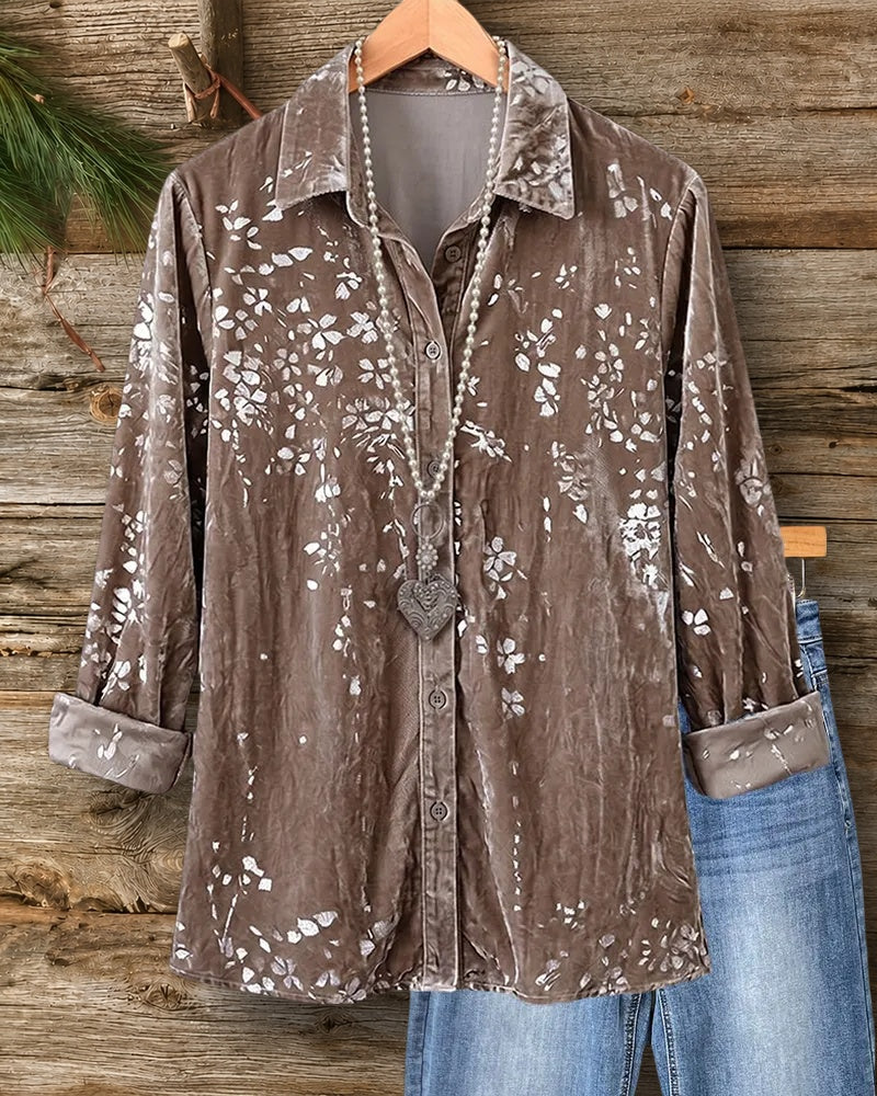 Floral Print Velvet Button Up Collared Long Sleeve Shirt