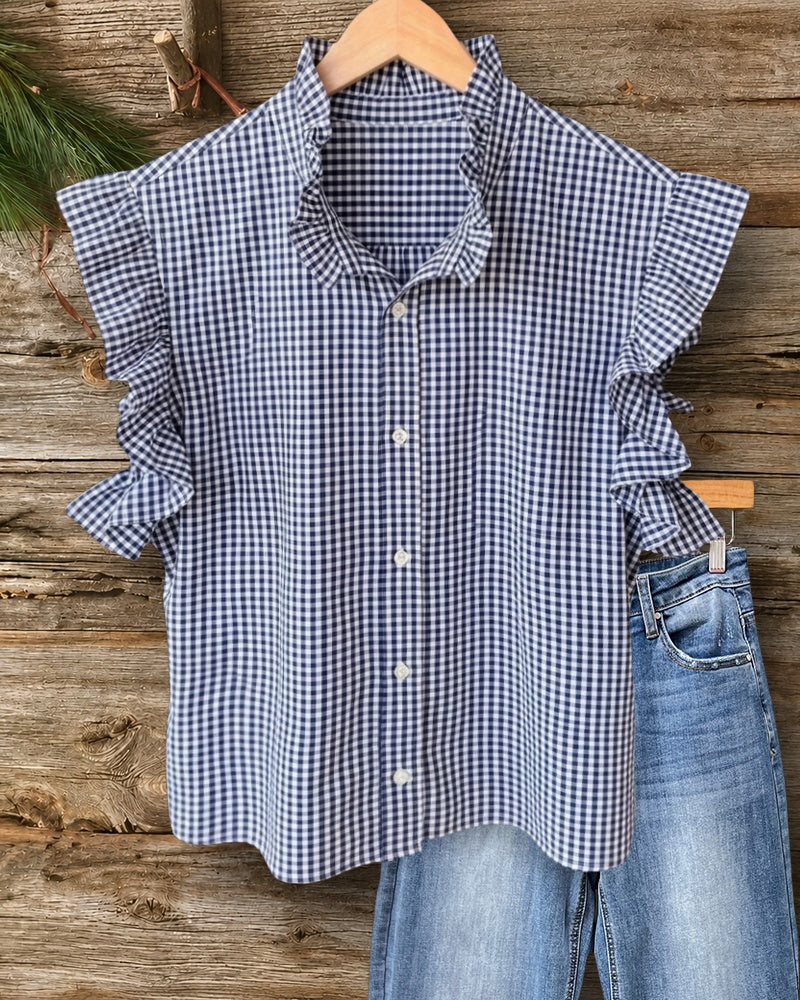 Ruffle Sleeve Gingham Button Front Cute Blouse