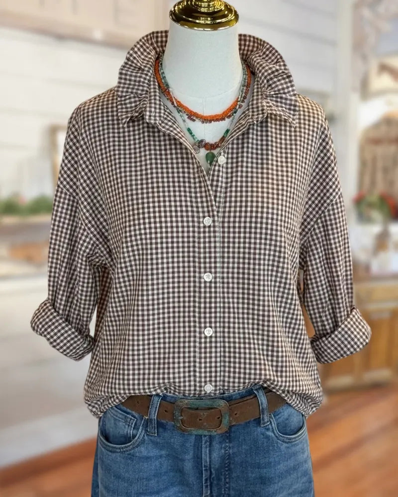 Ruffled Collar Gingham Button Up Long Sleeve Casual Shirt