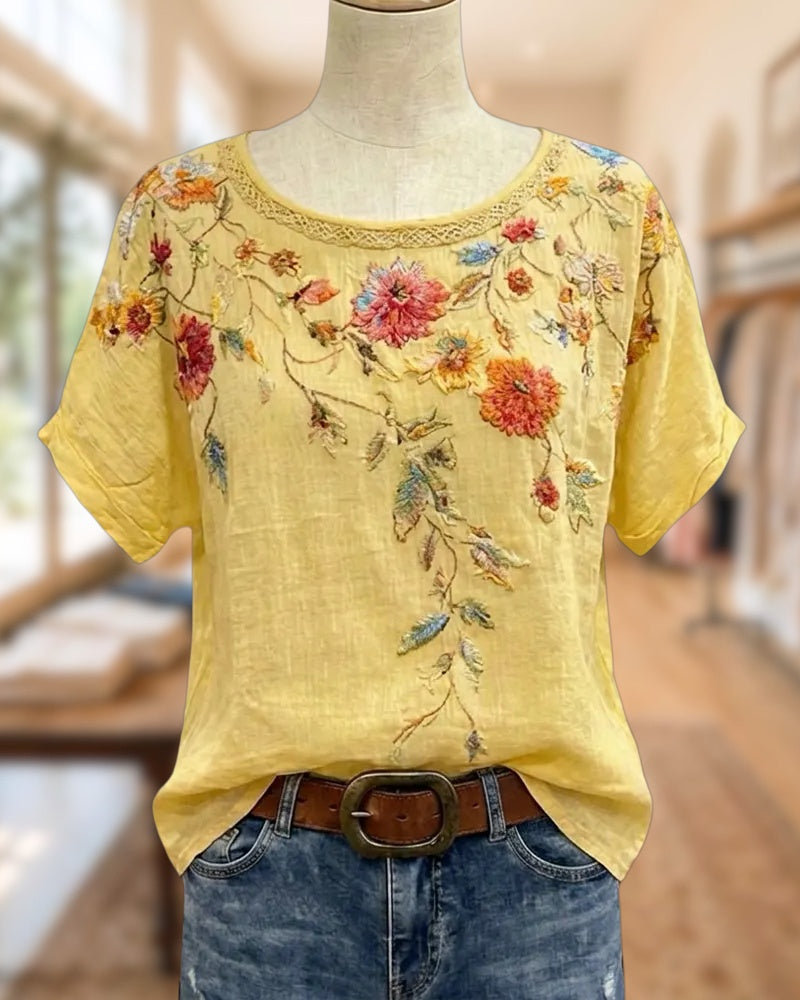 Floral Print Lace Trim Short Sleeve Loose Fit Blouse