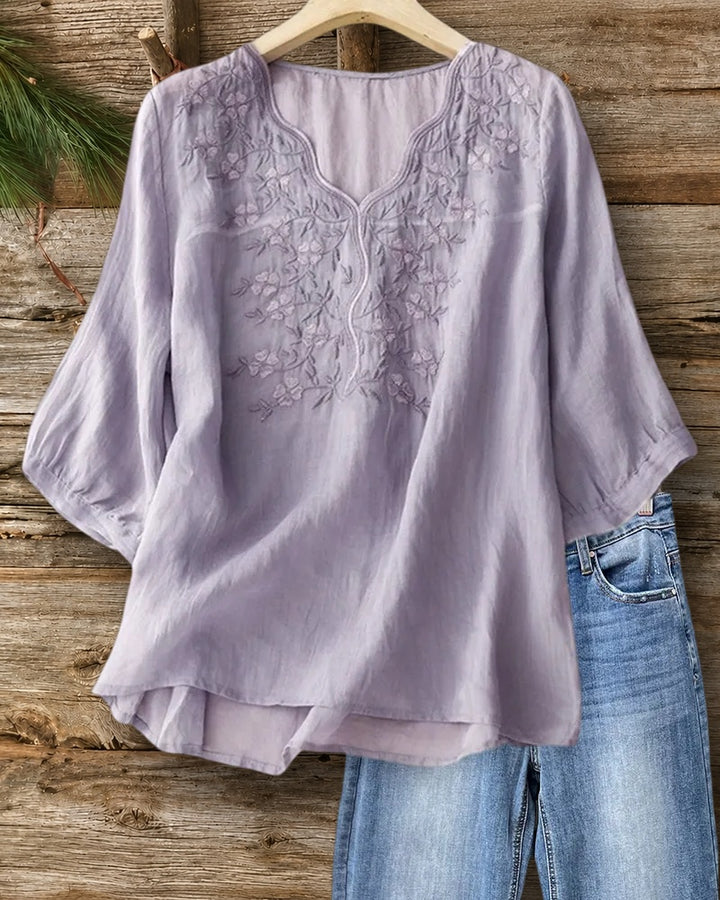 Embroidered V Neck 3/4 Sleeve High Low Loose Blouse