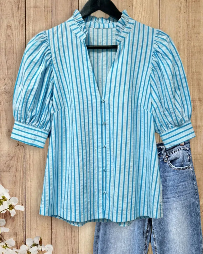 Ruffle Neck Puff Sleeve Striped Button Front Casual Blouse