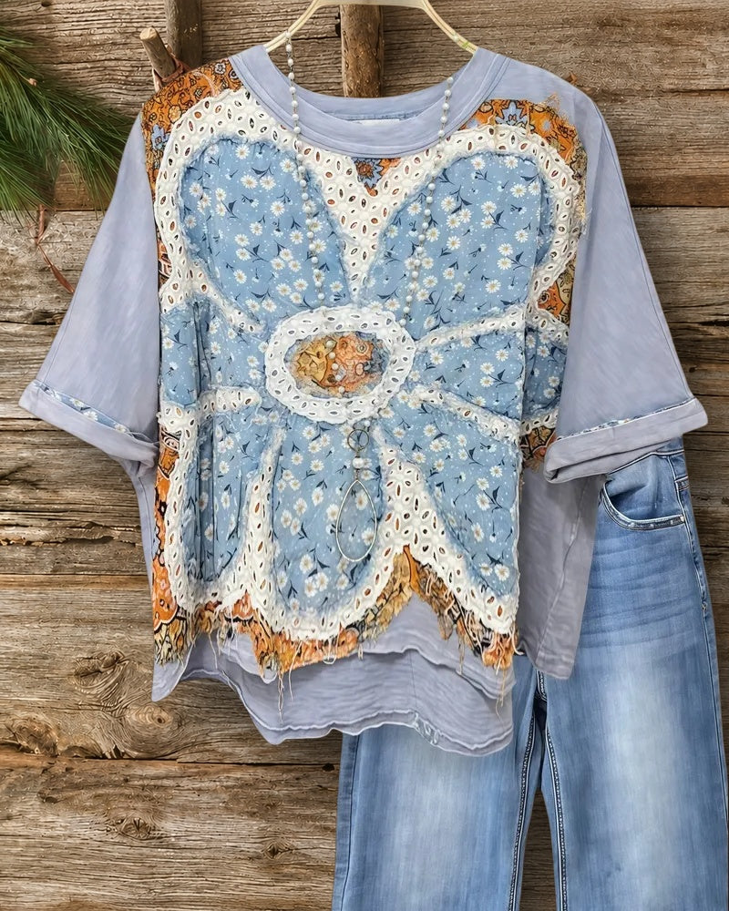 Printed Flower Applique Patchwork Urban Round Neck T-Shirt