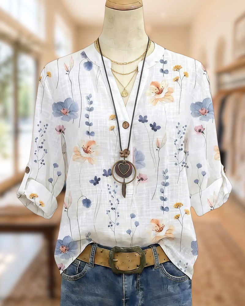 Floral Print Pastoral V Neck Blouse