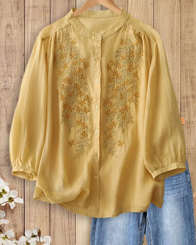 Mandarin Collar Embroidered Button Front 3/4 Sleeve Loose Blouse