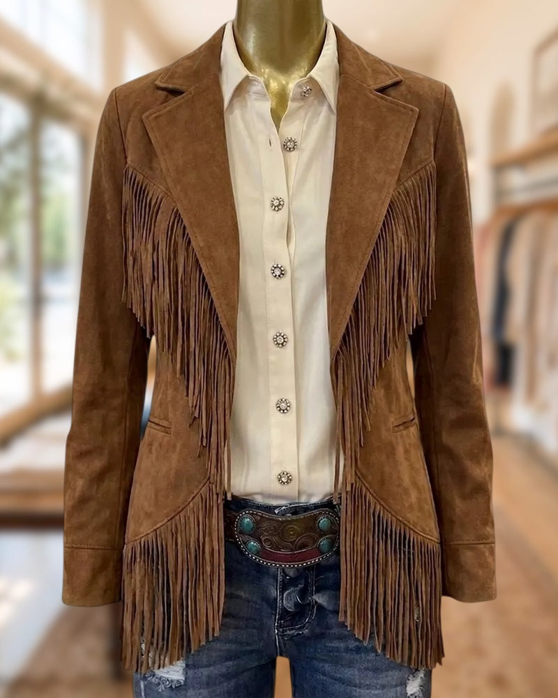 Fringed Suede Notched Lapel Long Sleeve Casual Western Blazer