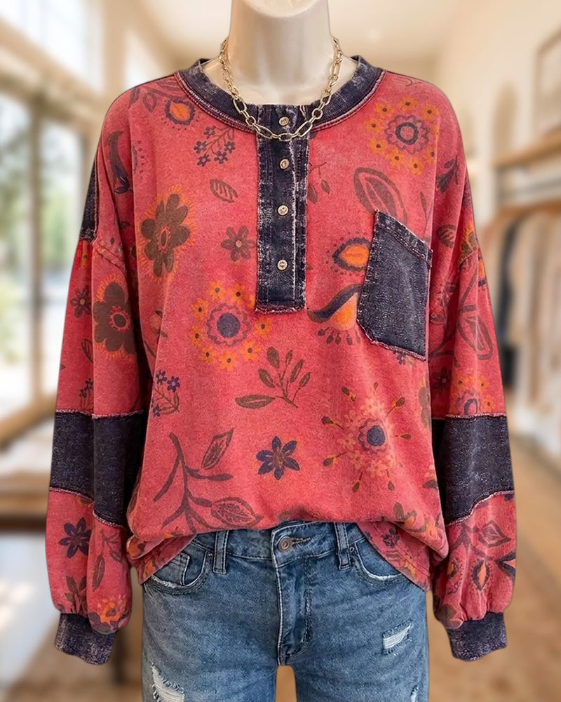 Floral Print Crew Neck Long Sleeve Henley Placket Sweatshirt