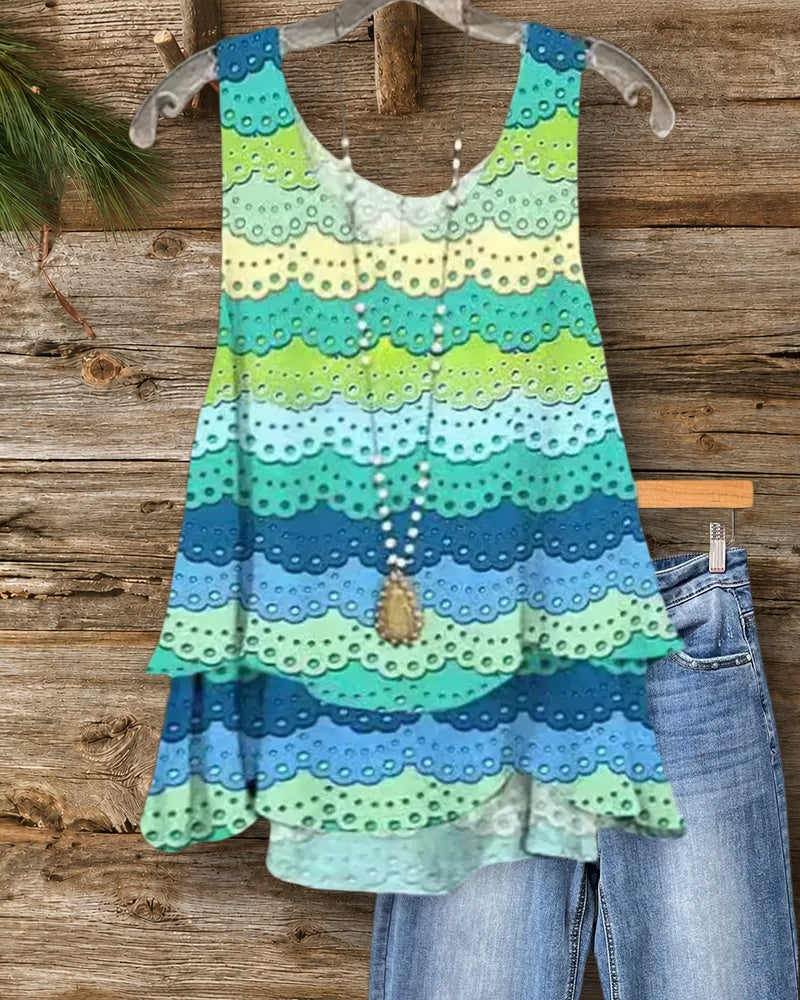 Scoop Neck Scalloped Print Sleeveless Casual Tiered Tank Top