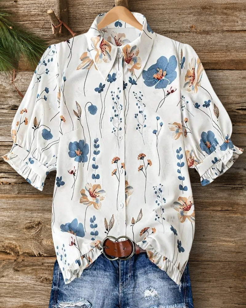 Floral Print Puff Sleeve Collared Button Front Ruffled Hem Blouse
