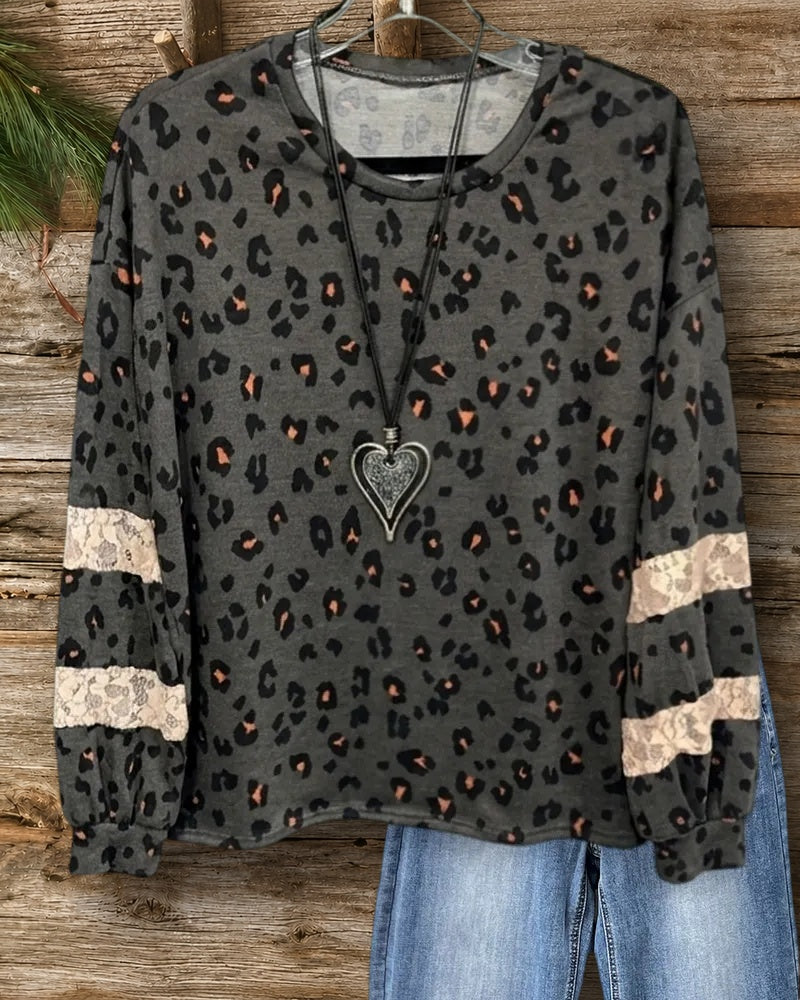 Leopard Print Lace Accent Long Sleeve Round Neck Casual Top