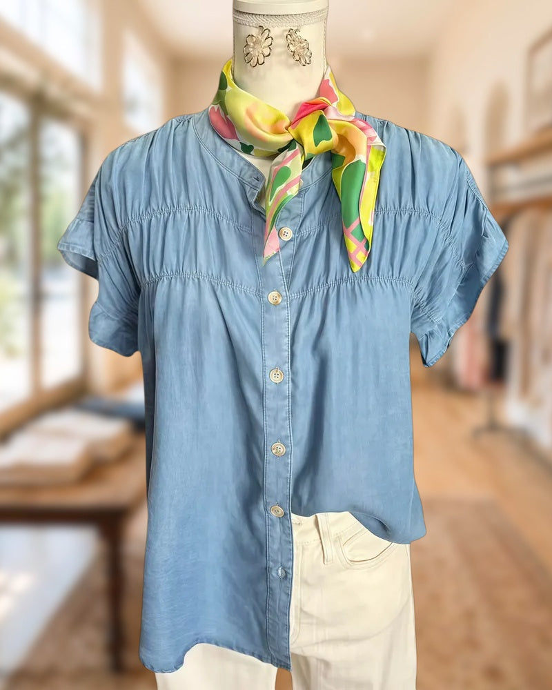 Short Sleeve Shirred Bust Button Front Round Neck Blouse