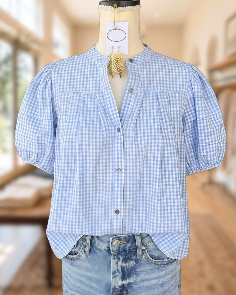 Gingham Puff Sleeve Versatile Button Up Blouse