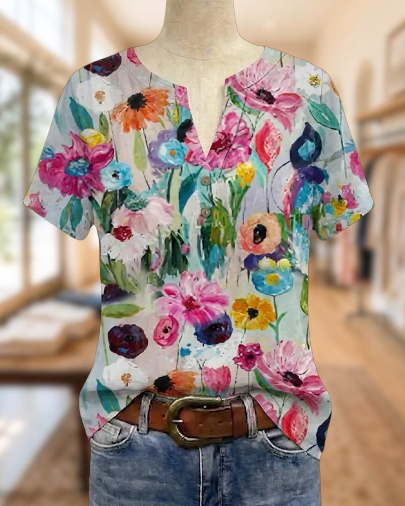 Floral Print V Neck Short Sleeve Relaxed Fit Casual Blouse