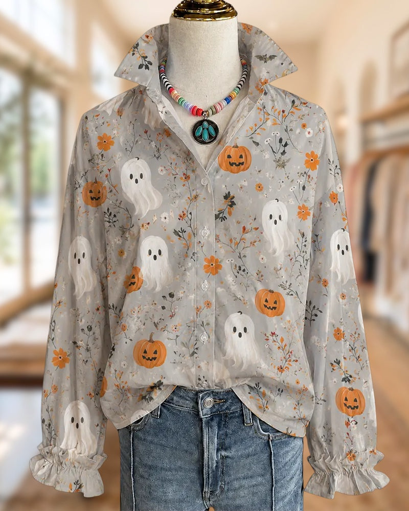 Halloween Print Collared Ruffle Cuff Button Up Long Sleeve Blouse