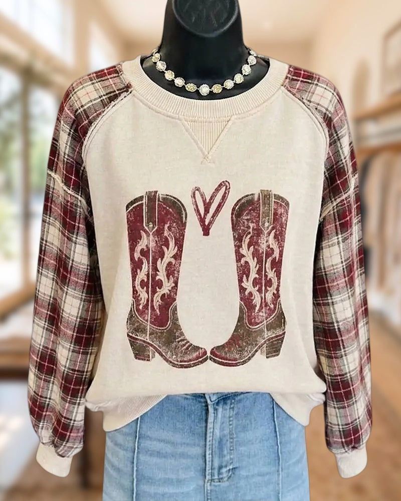 Cowboy Boot Print Plaid Contrast Raglan Sleeve Casual Sweatshirt