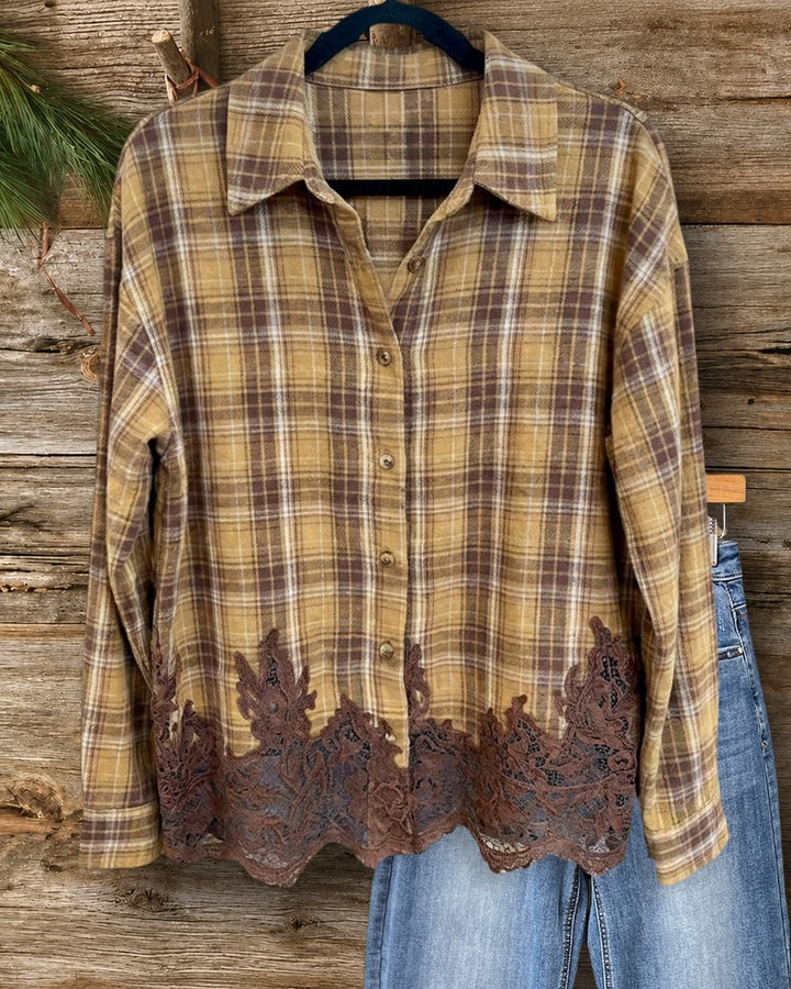 Plaid Collared Lace Trim Button Up Long Sleeve Shirt