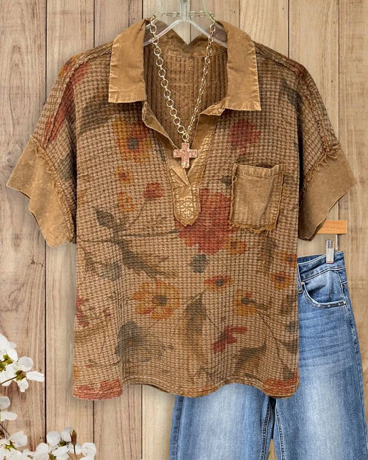 Collared Floral Print Waffle Knit Patch Pocket Short Sleeve Blouse