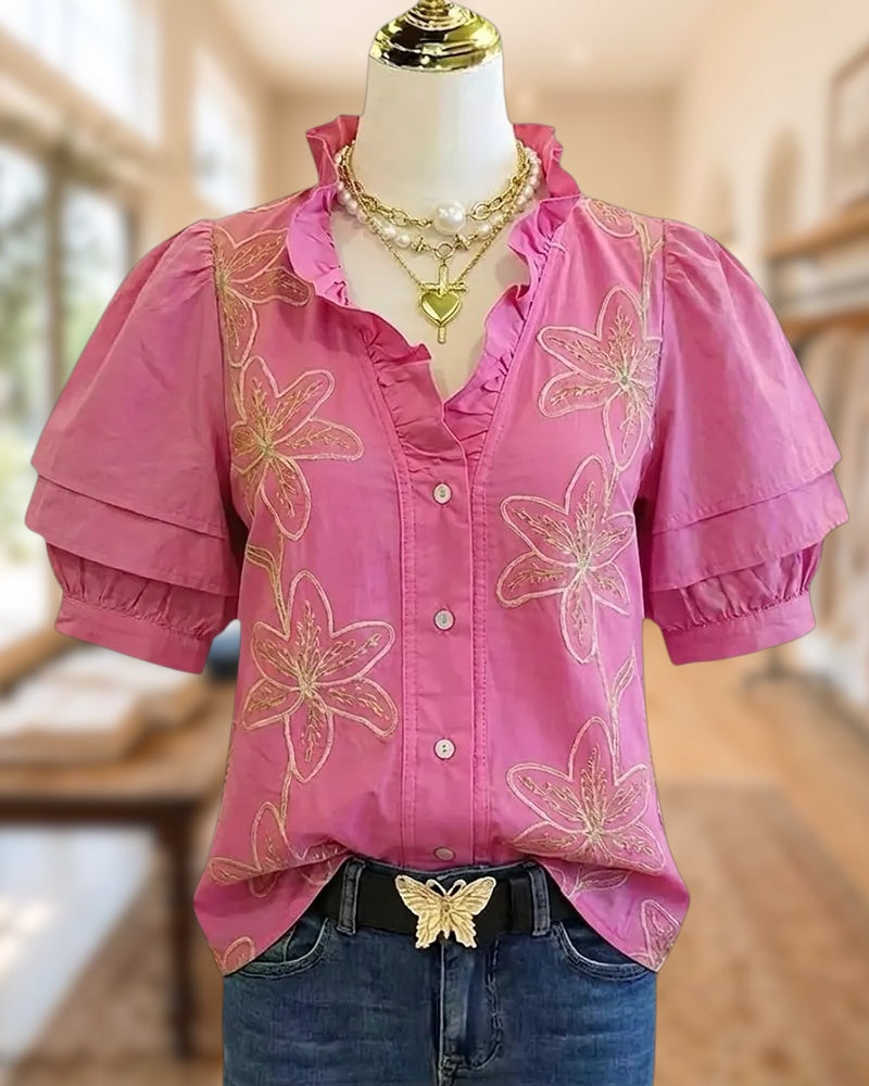 Ruffled Neck Button Front Floral Embroidered Puff Sleeve Blouse