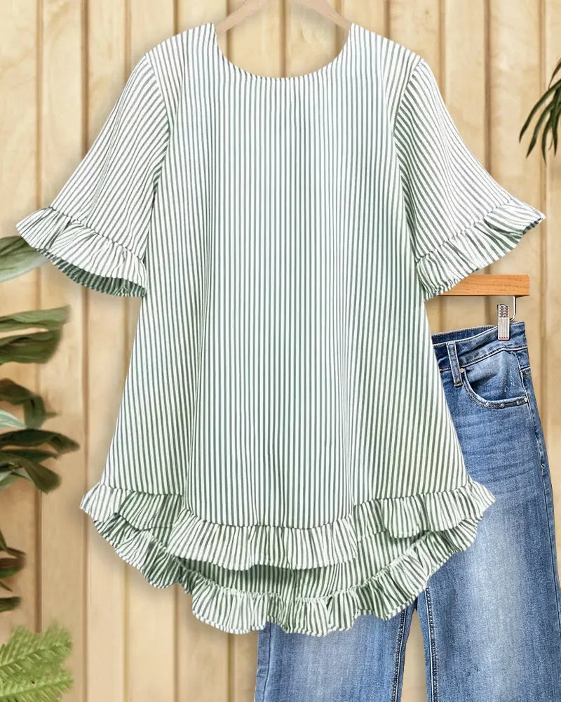 Striped Round Neck Urban Ruffled Blouse