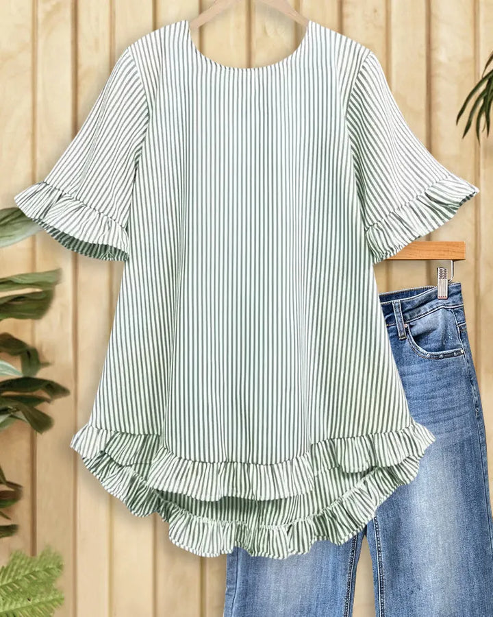 Striped Round Neck Urban Ruffled Blouse
