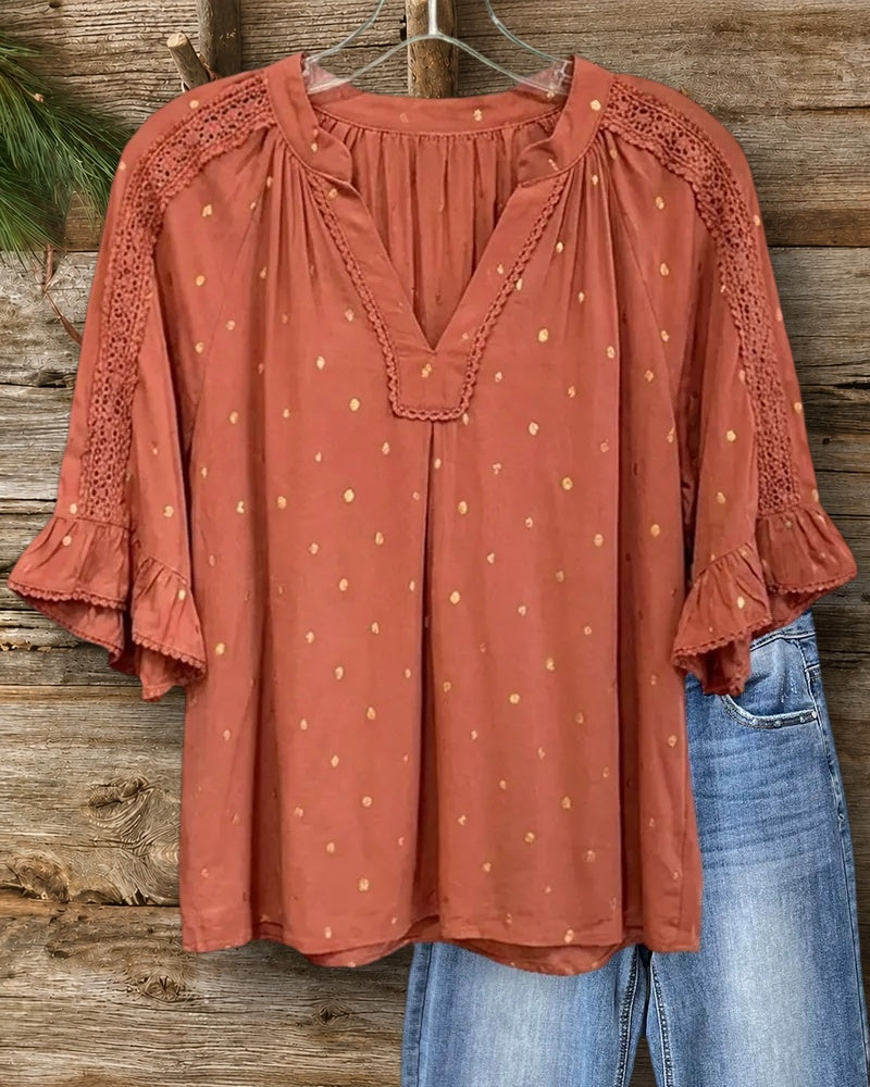 V Neck Lace Panel Ruffle Hem Polka Dot Blouse