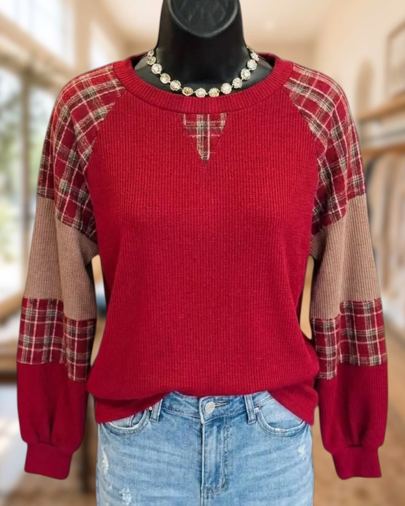 Plaid Spliced Raglan Sleeve Crew Neck Color Block Casual Top