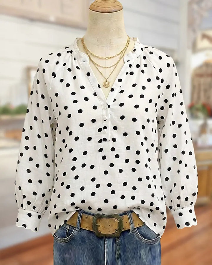 Polka Dot V Neck Half Button Placket Long Sleeve Blouse