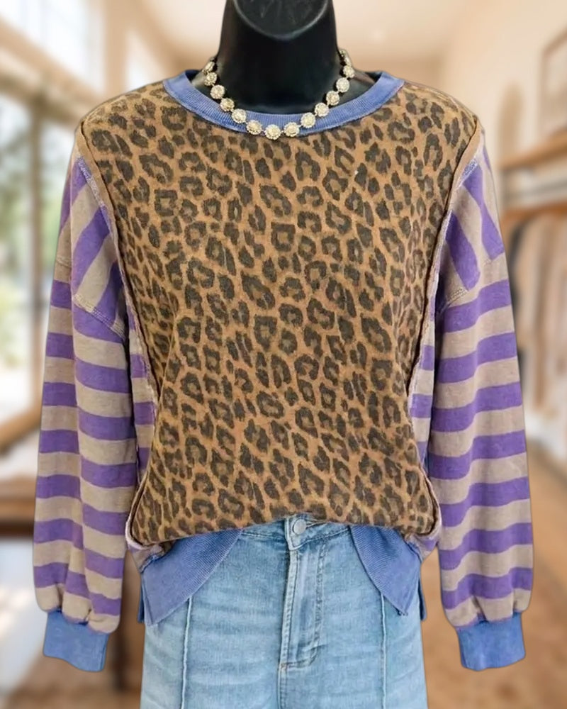 Leopard Print Striped Sleeve Exposed Seam Contrast Trim Sweatshirt