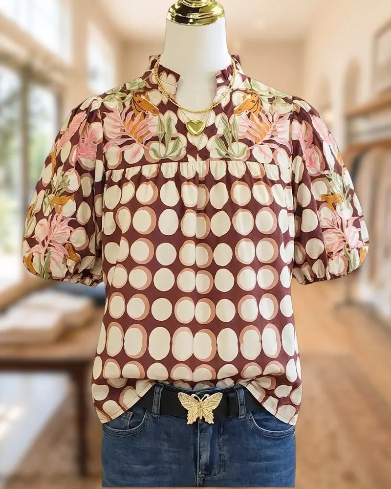 Puff Sleeve Mixed Print Ruffled Neck Loose Casual Blouse
