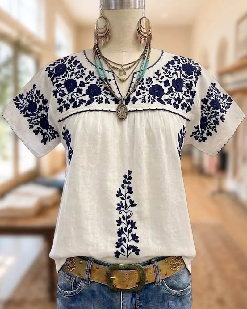Floral Embroidered V Neck Short Sleeve Loose Casual Blouse