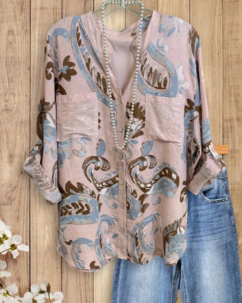 Paisley Print Roll Tab Pocket Blouse