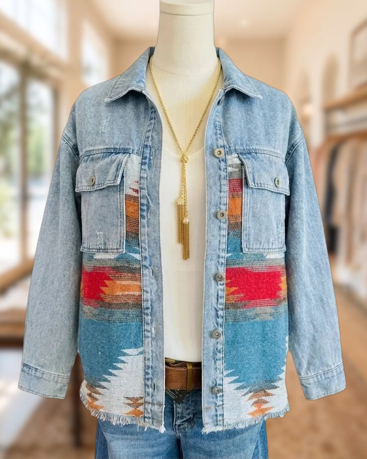 Aztec Print Patchwork Frayed Hem Button Front Denim Jacket