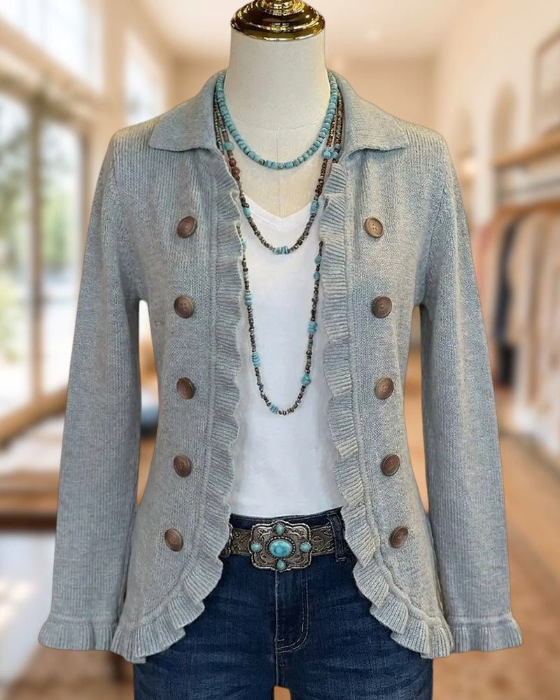 Ruffle Trim Double Breasted Collared Long Sleeve Knit Cardigan